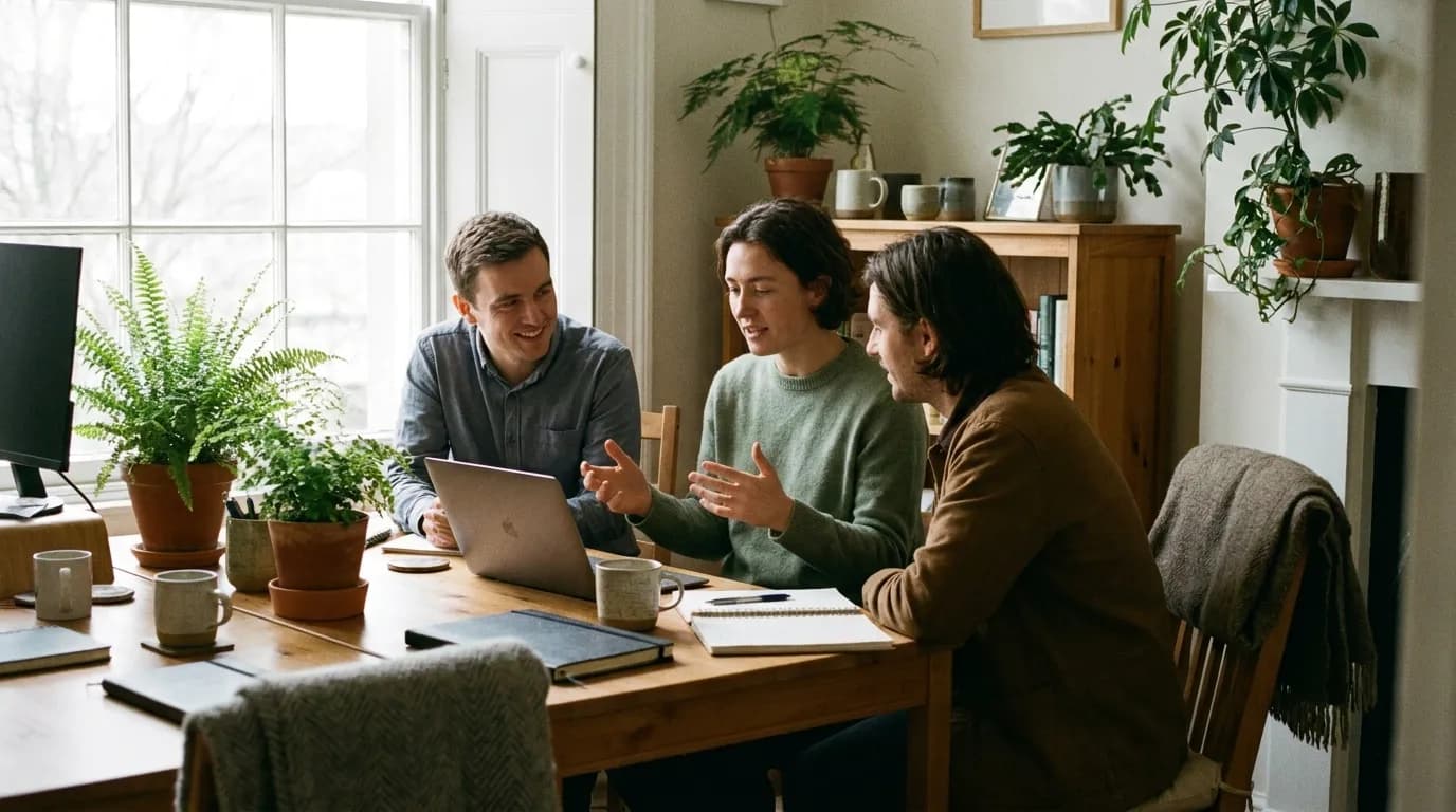 Three colleagues gathered around a laptop in a warm office