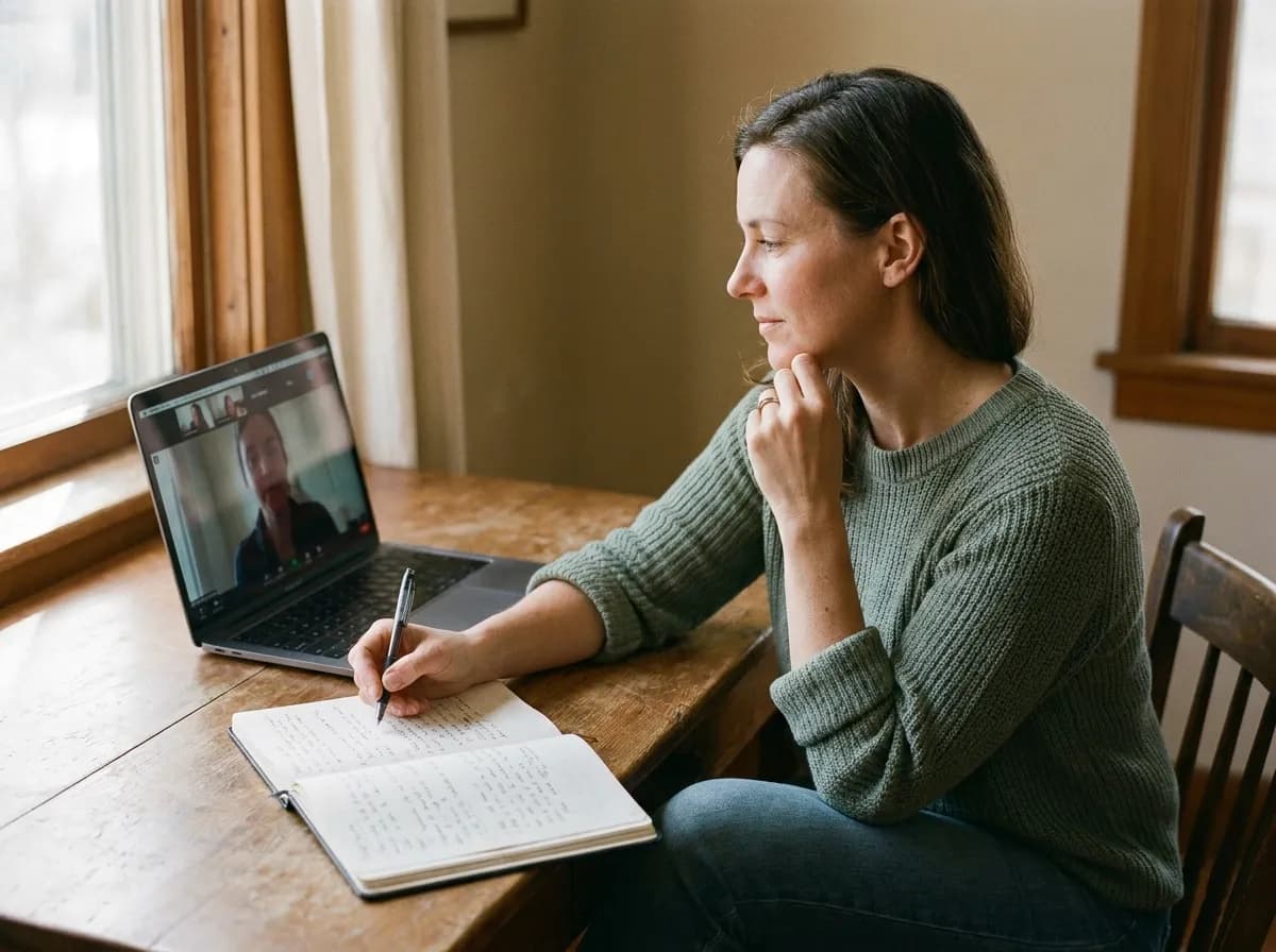A woman on a video call at a desk, taking notes